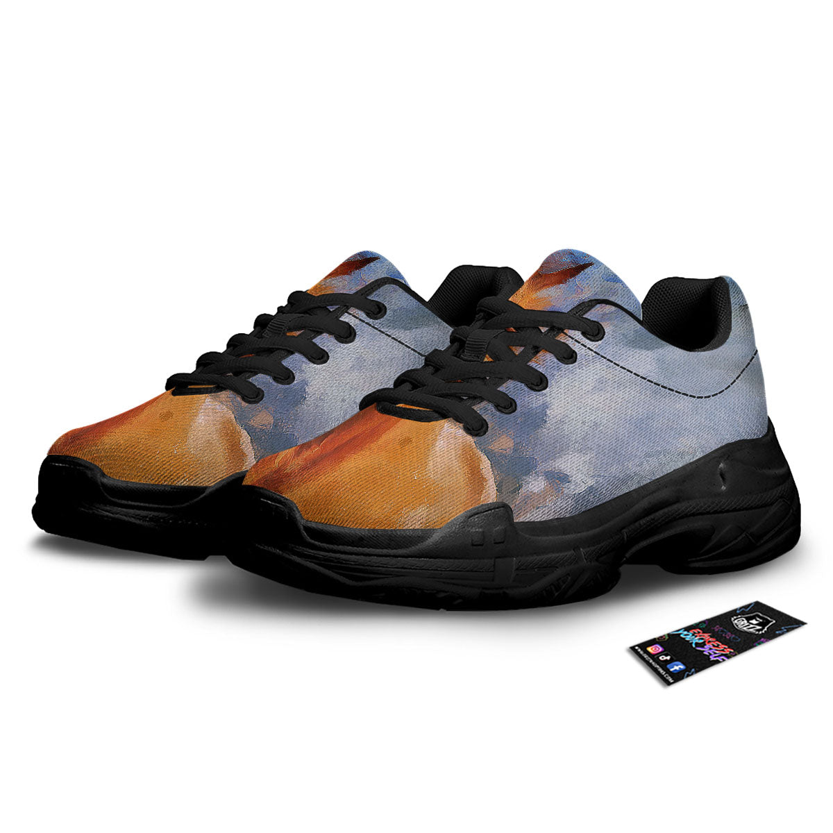 Painting Running Horses Print Black Chunky Shoes-grizzshop
