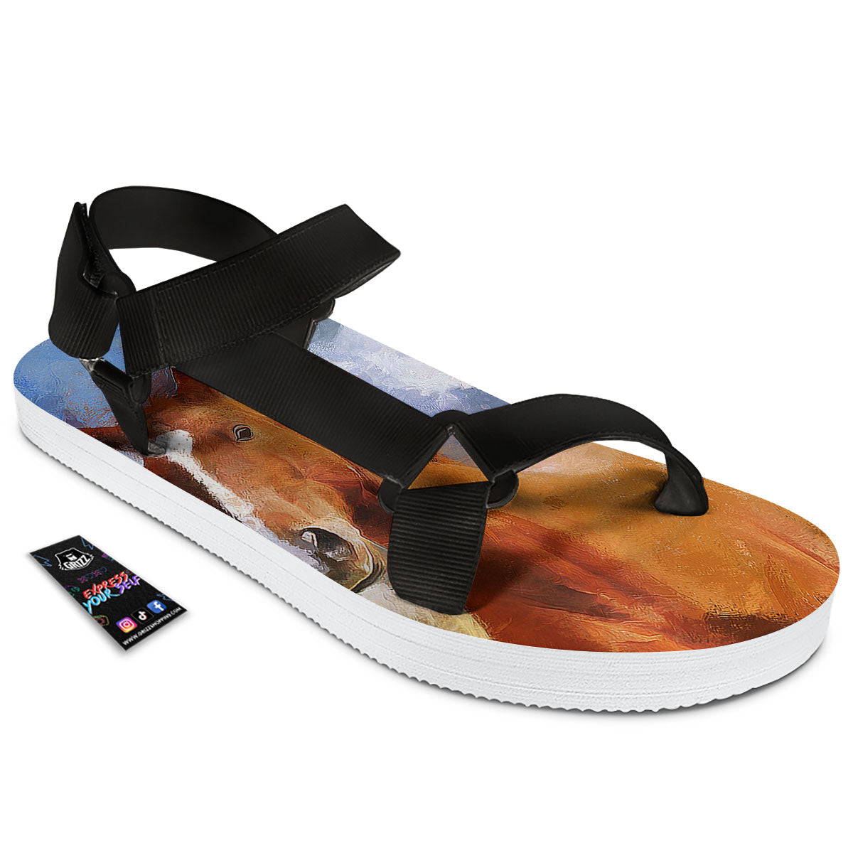 Painting Running Horses Print Black Open Toe Sandals-grizzshop