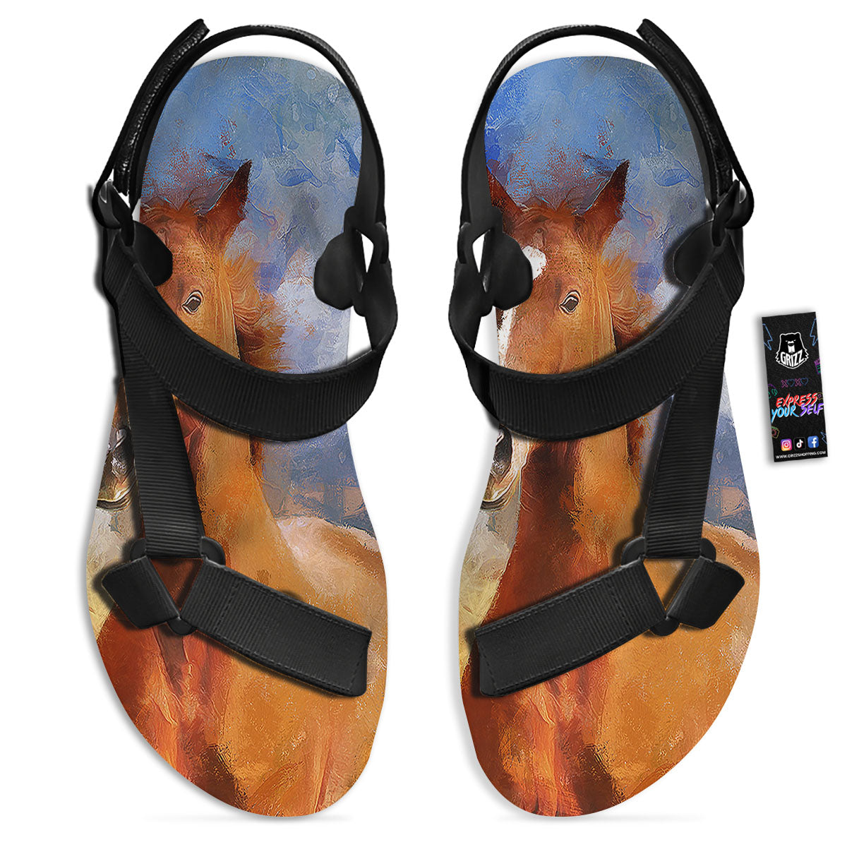 Painting Running Horses Print Black Open Toe Sandals-grizzshop
