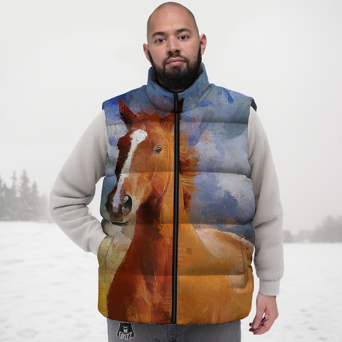 Painting Running Horses Print Down Vest