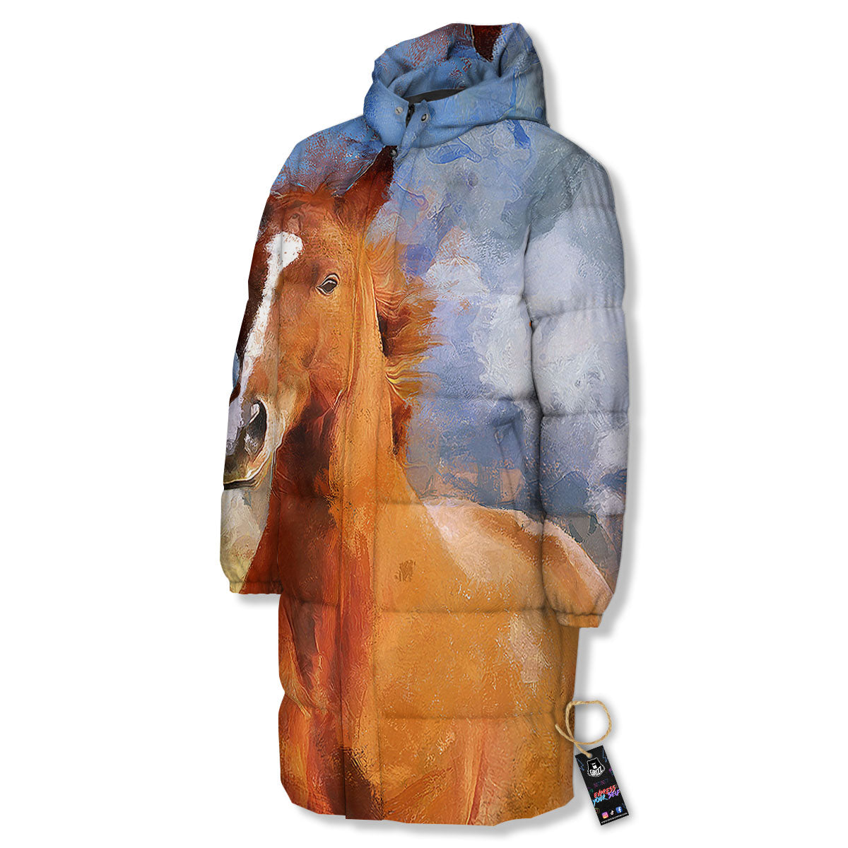 Painting Running Horses Print Long Down Jacket-grizzshop