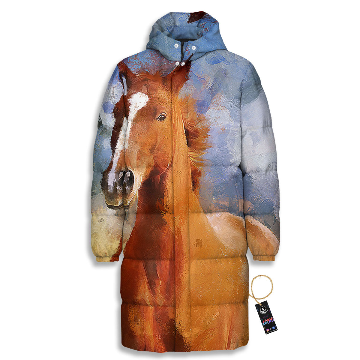 Painting Running Horses Print Long Down Jacket-grizzshop