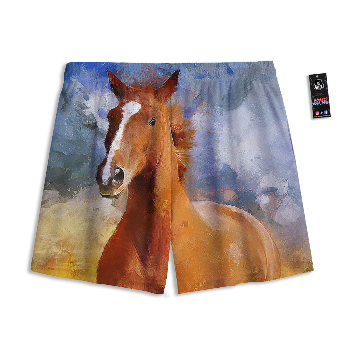 Painting Running Horses Print Mesh Shorts