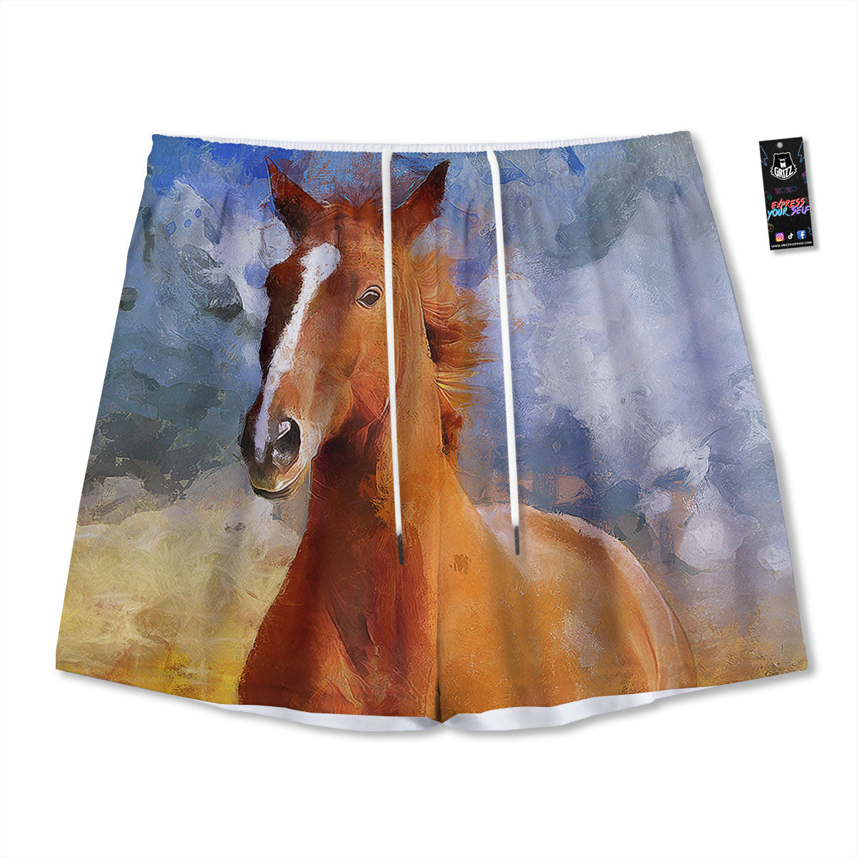 Painting Running Horses Print Mesh Shorts