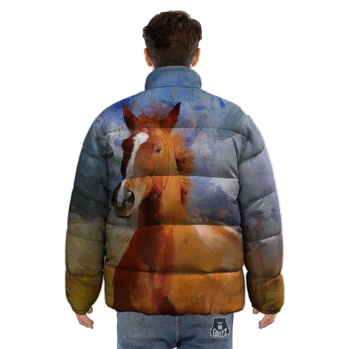 Painting Running Horses Print Puffer Jacket-grizzshop