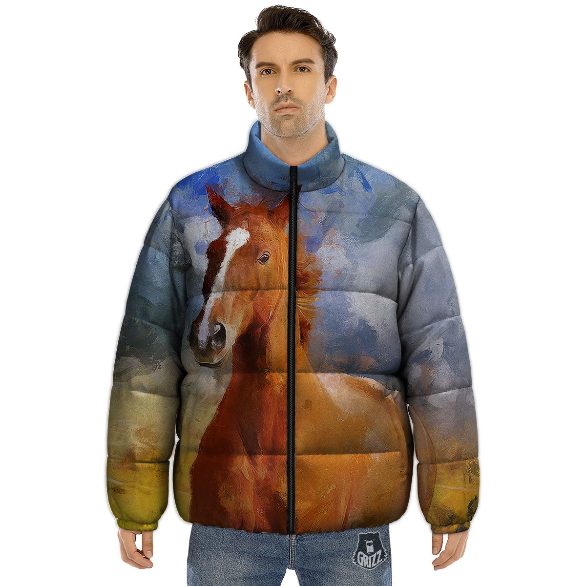 Painting Running Horses Print Puffer Jacket-grizzshop
