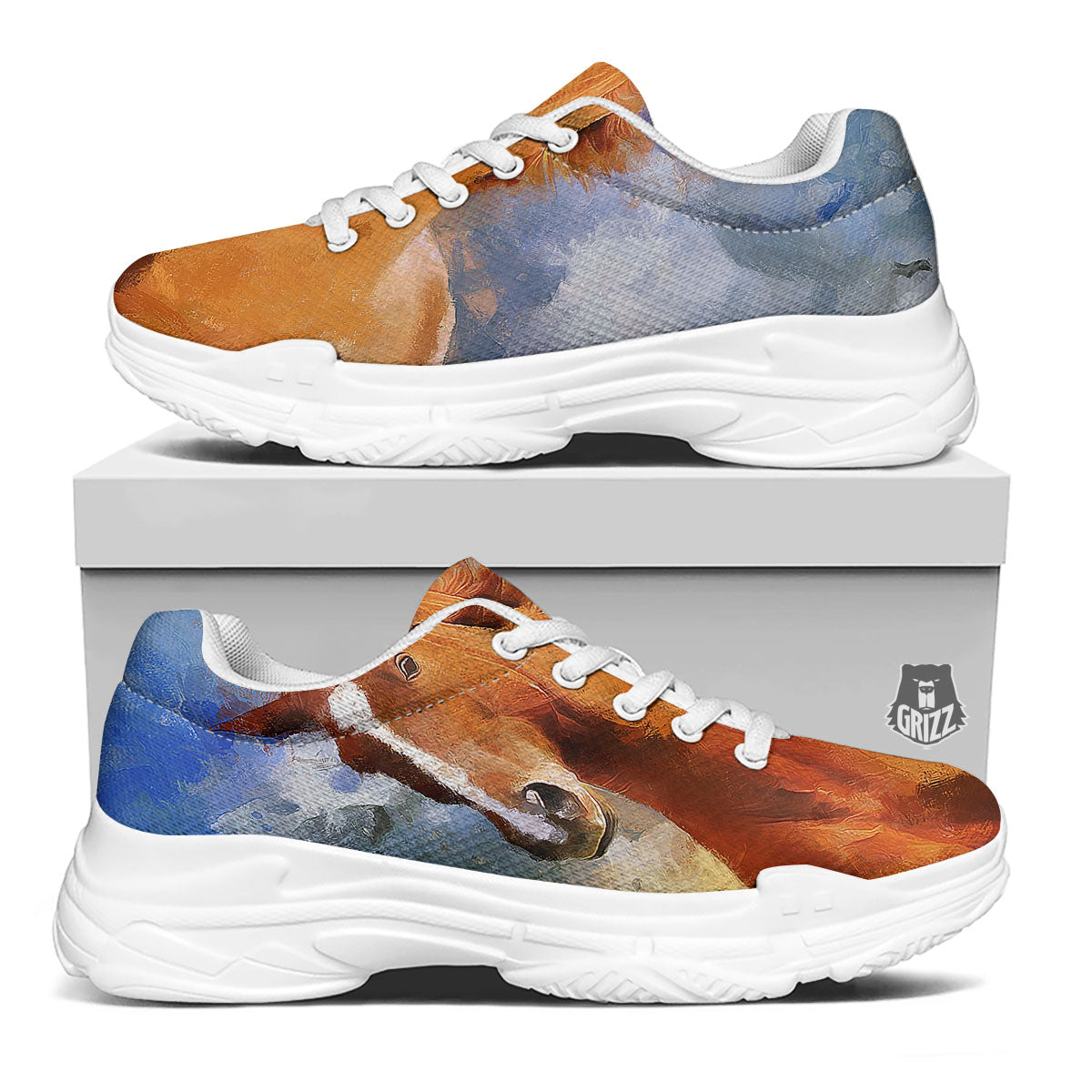 Painting Running Horses Print White Chunky Shoes-grizzshop