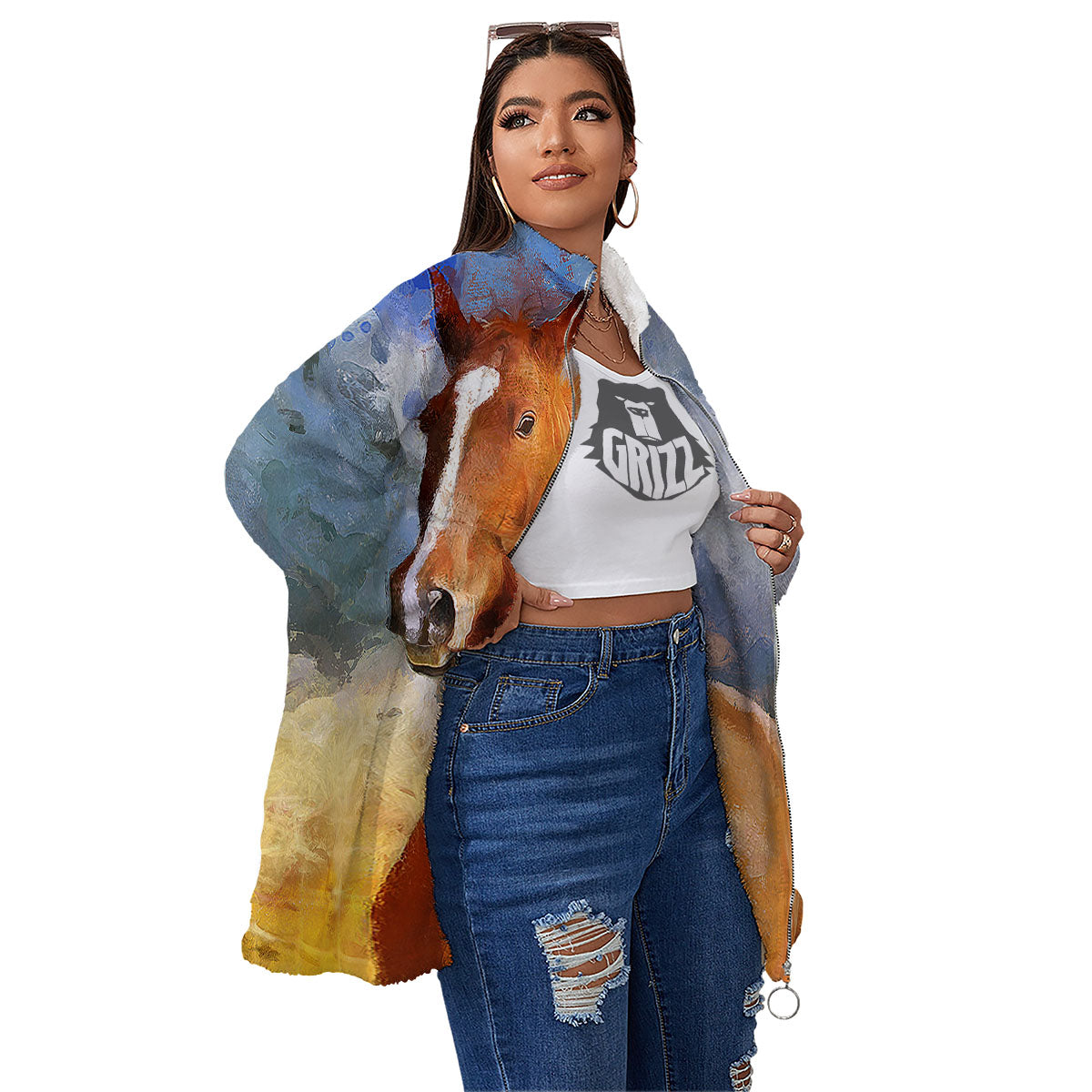 Painting Running Horses Print Women's Sherpa Jacket-grizzshop