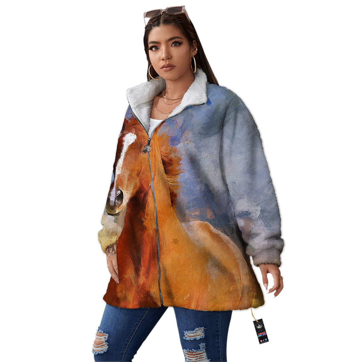 Painting Running Horses Print Women's Sherpa Jacket-grizzshop