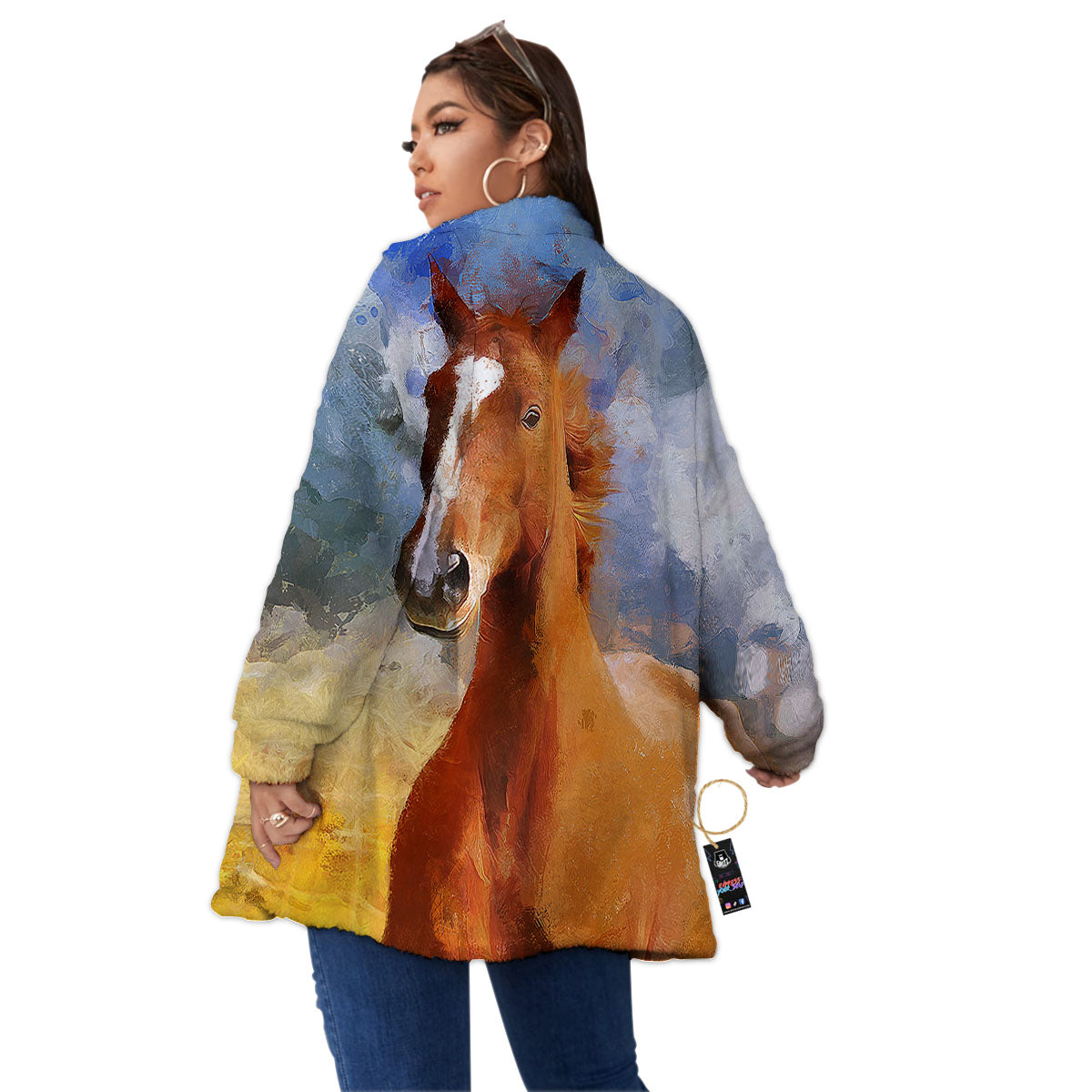 Painting Running Horses Print Women's Sherpa Jacket-grizzshop