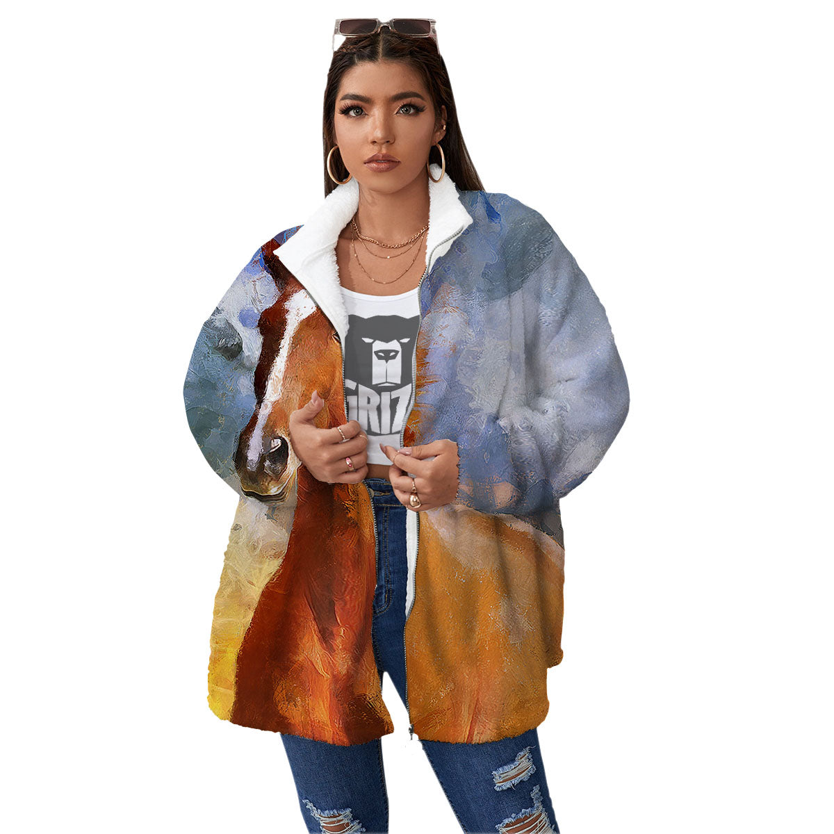Painting Running Horses Print Women's Sherpa Jacket-grizzshop