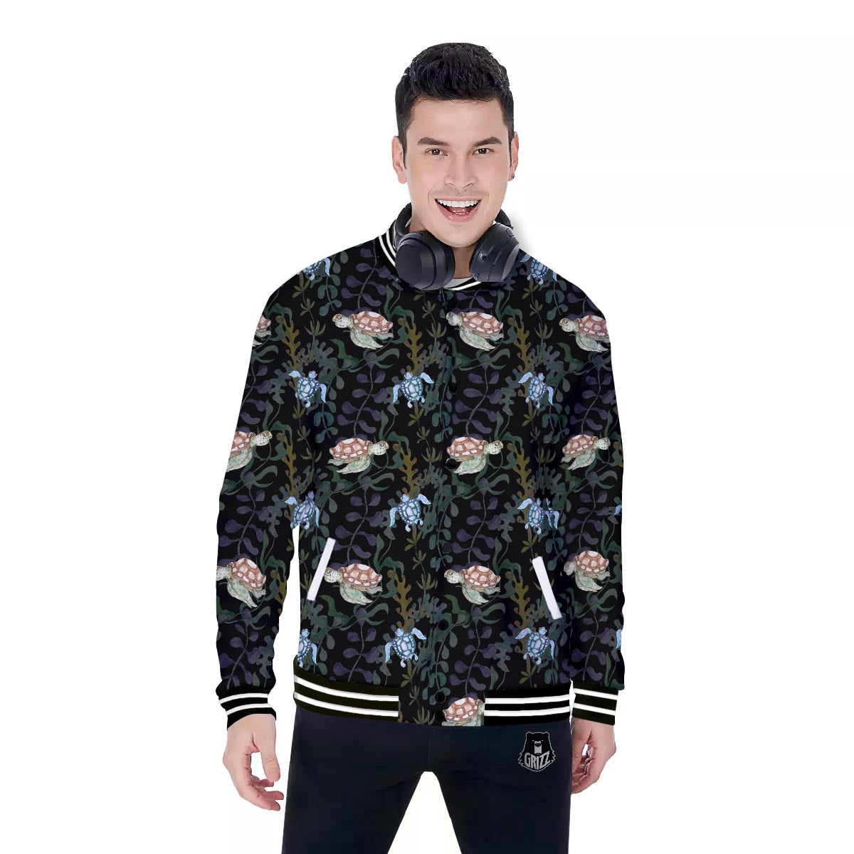 Painting Sea Turtle Print Pattern Baseball Jacket-grizzshop