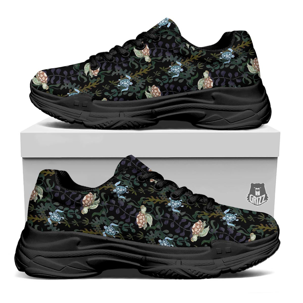 Painting Sea Turtle Print Pattern Black Chunky Shoes-grizzshop