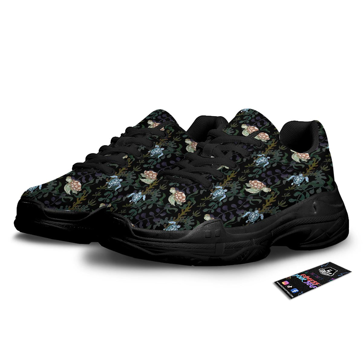 Painting Sea Turtle Print Pattern Black Chunky Shoes-grizzshop