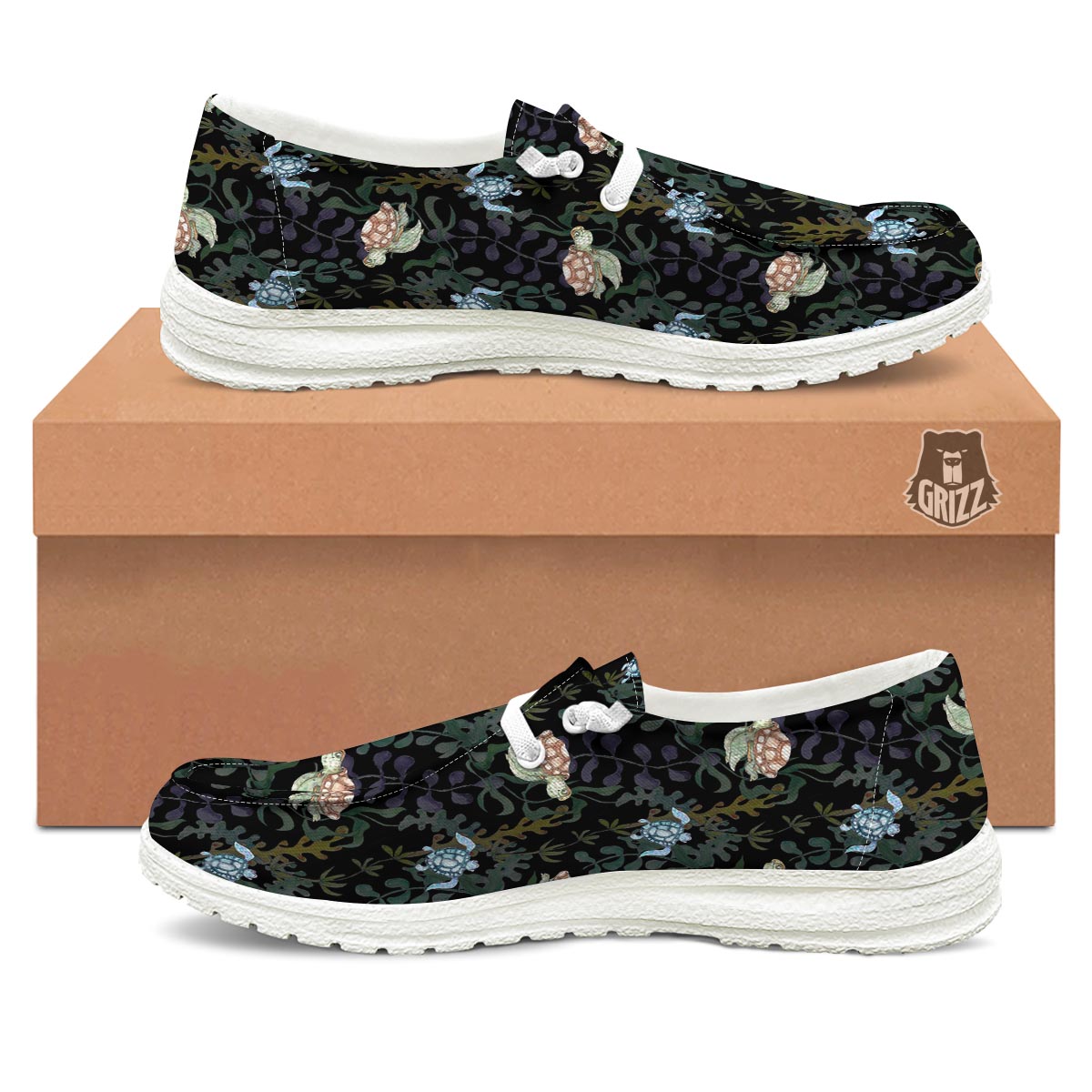 Painting Sea Turtle Print Pattern Black Loafers-grizzshop