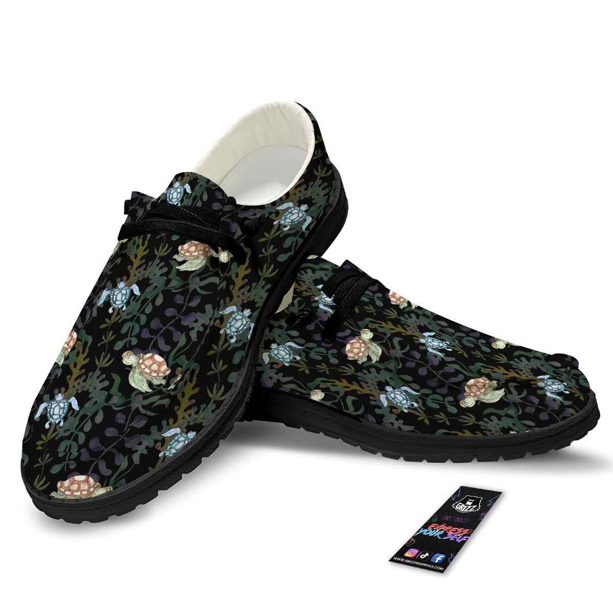 Painting Sea Turtle Print Pattern Black Loafers-grizzshop