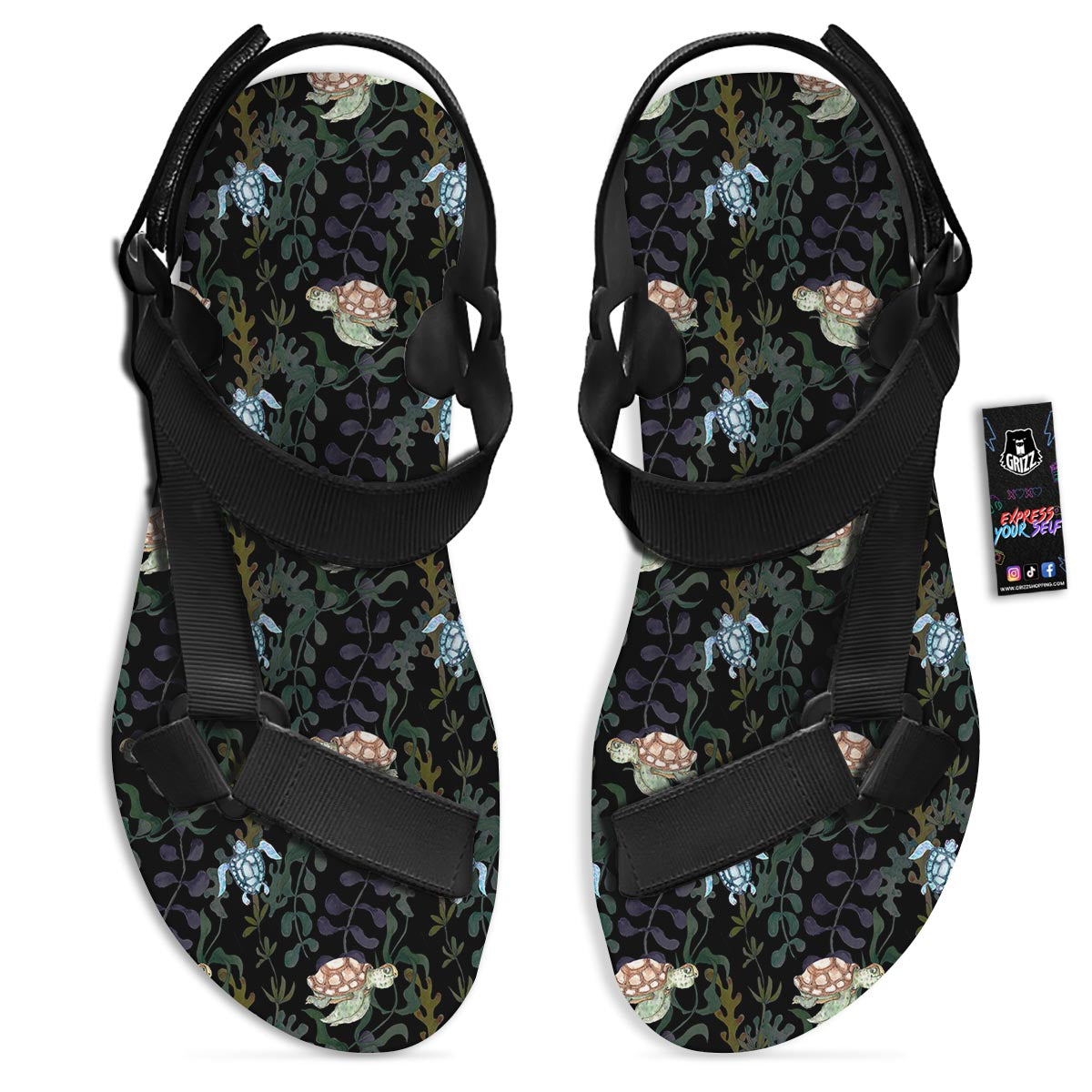 Painting Sea Turtle Print Pattern Black Open Toe Sandals-grizzshop