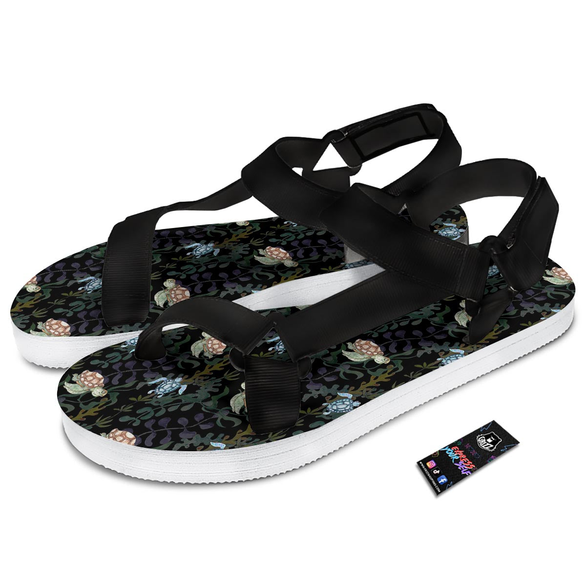 Painting Sea Turtle Print Pattern Black Open Toe Sandals-grizzshop