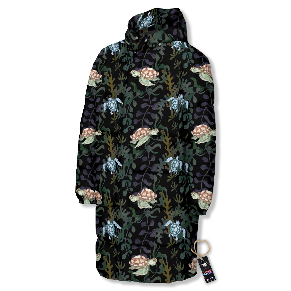 Painting Sea Turtle Print Pattern Long Down Jacket-grizzshop