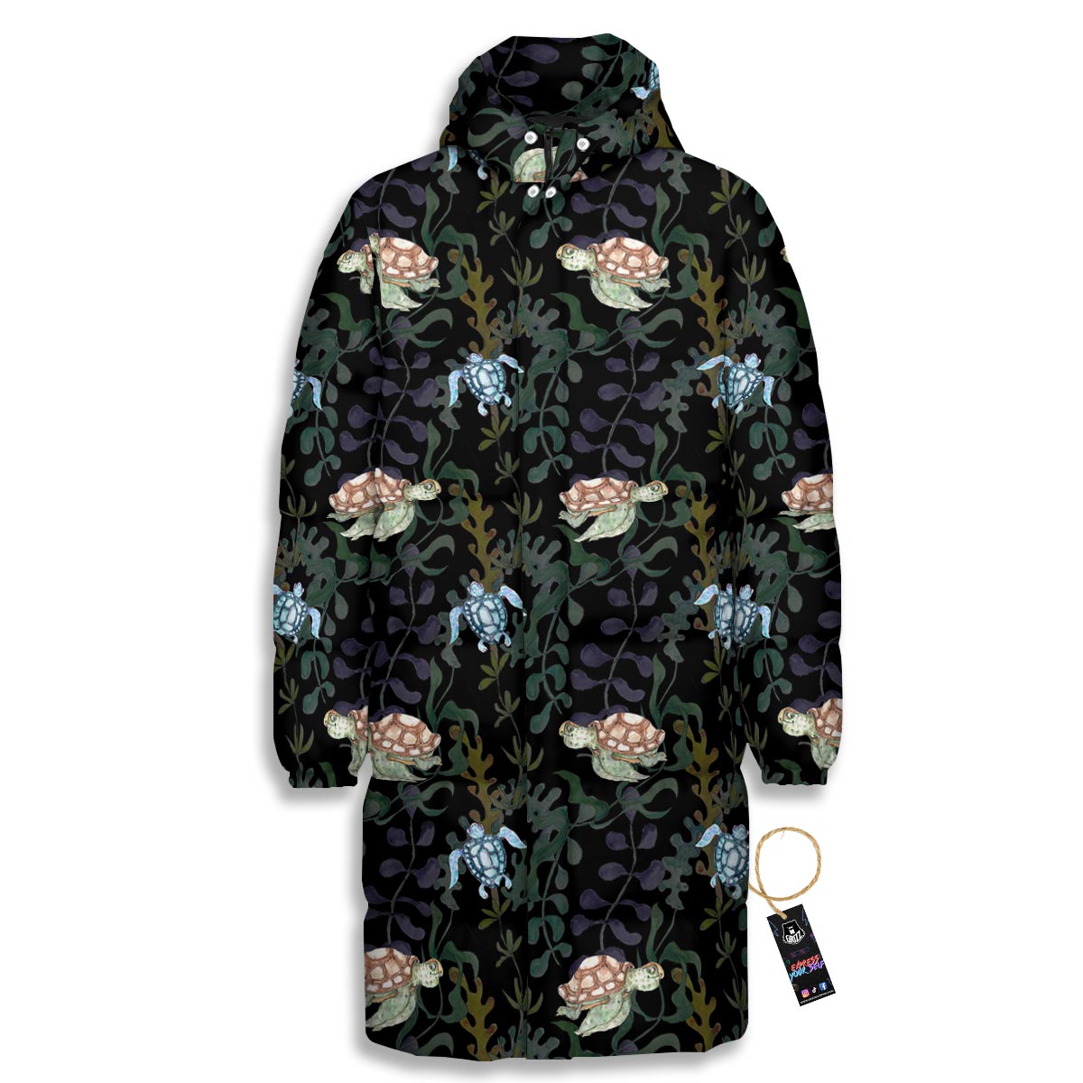 Painting Sea Turtle Print Pattern Long Down Jacket-grizzshop