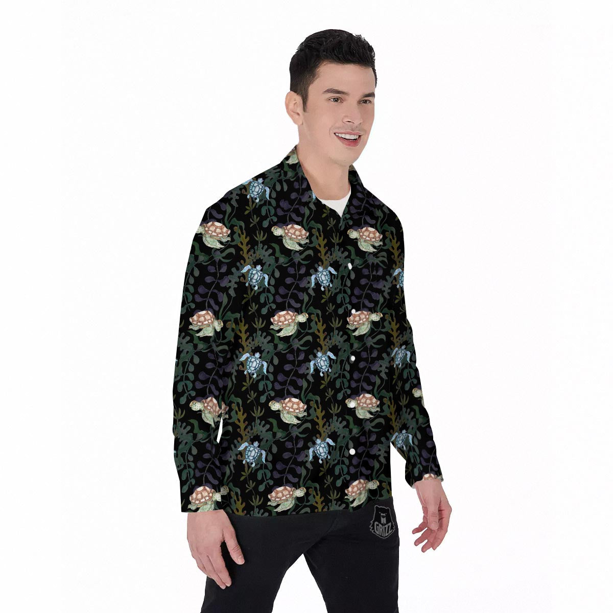 Painting Sea Turtle Print Pattern Men's Long Sleeve Shirts-grizzshop