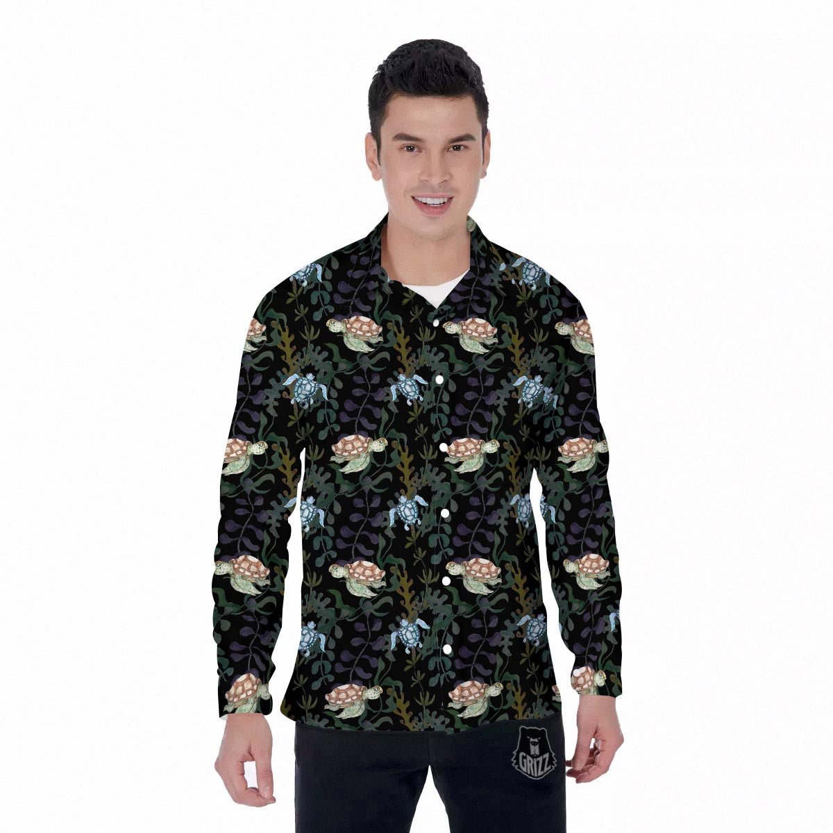 Painting Sea Turtle Print Pattern Men's Long Sleeve Shirts-grizzshop