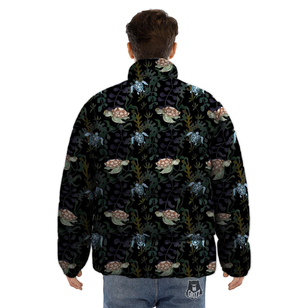 Painting Sea Turtle Print Pattern Puffer Jacket-grizzshop