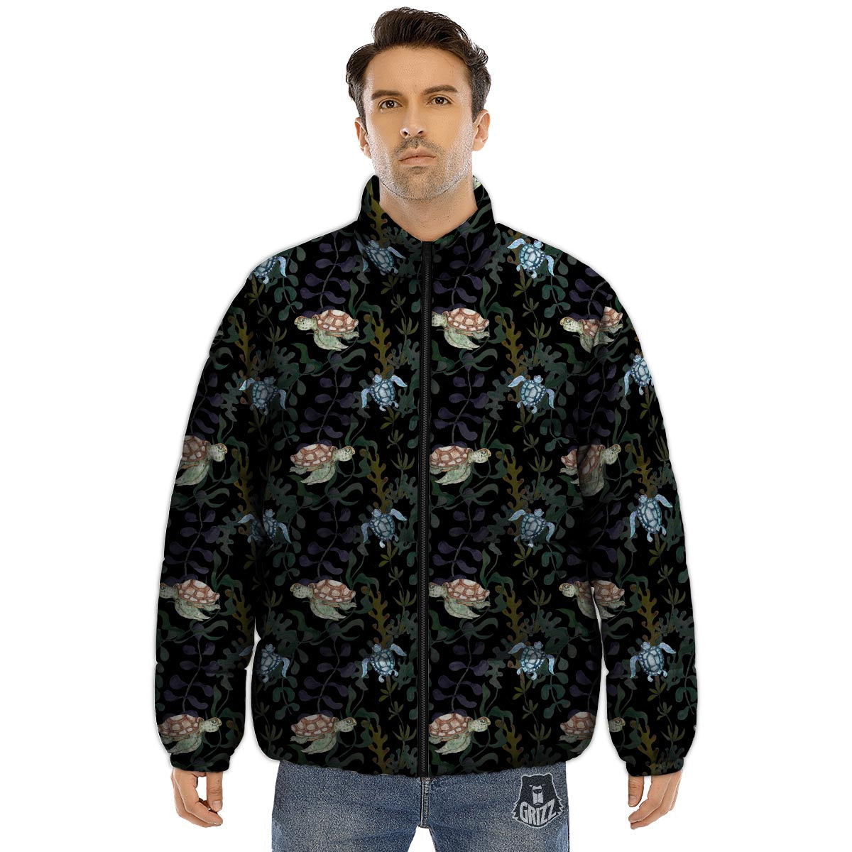 Painting Sea Turtle Print Pattern Puffer Jacket-grizzshop