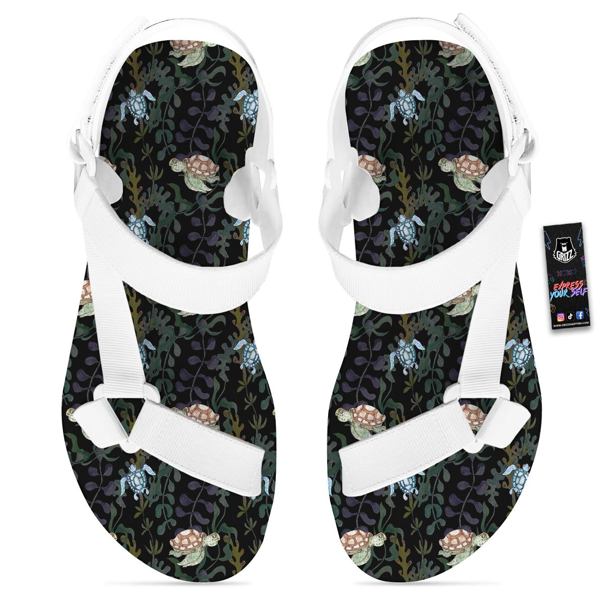 Painting Sea Turtle Print Pattern White Open Toe Sandals-grizzshop