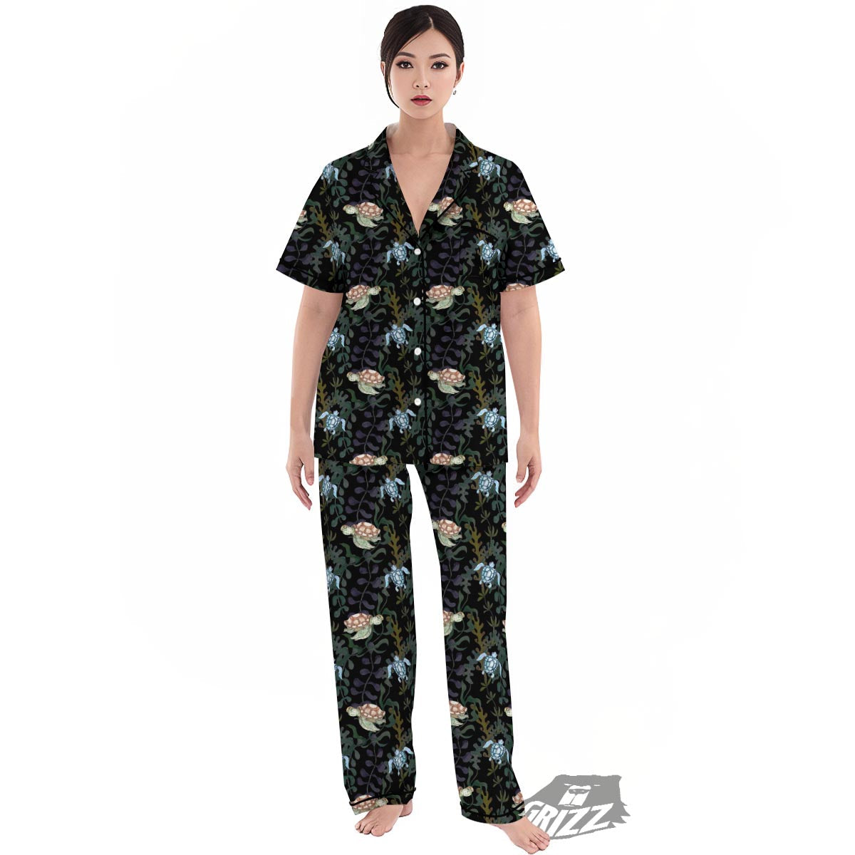 Painting Sea Turtle Print Pattern Women's Pajamas Set-grizzshop