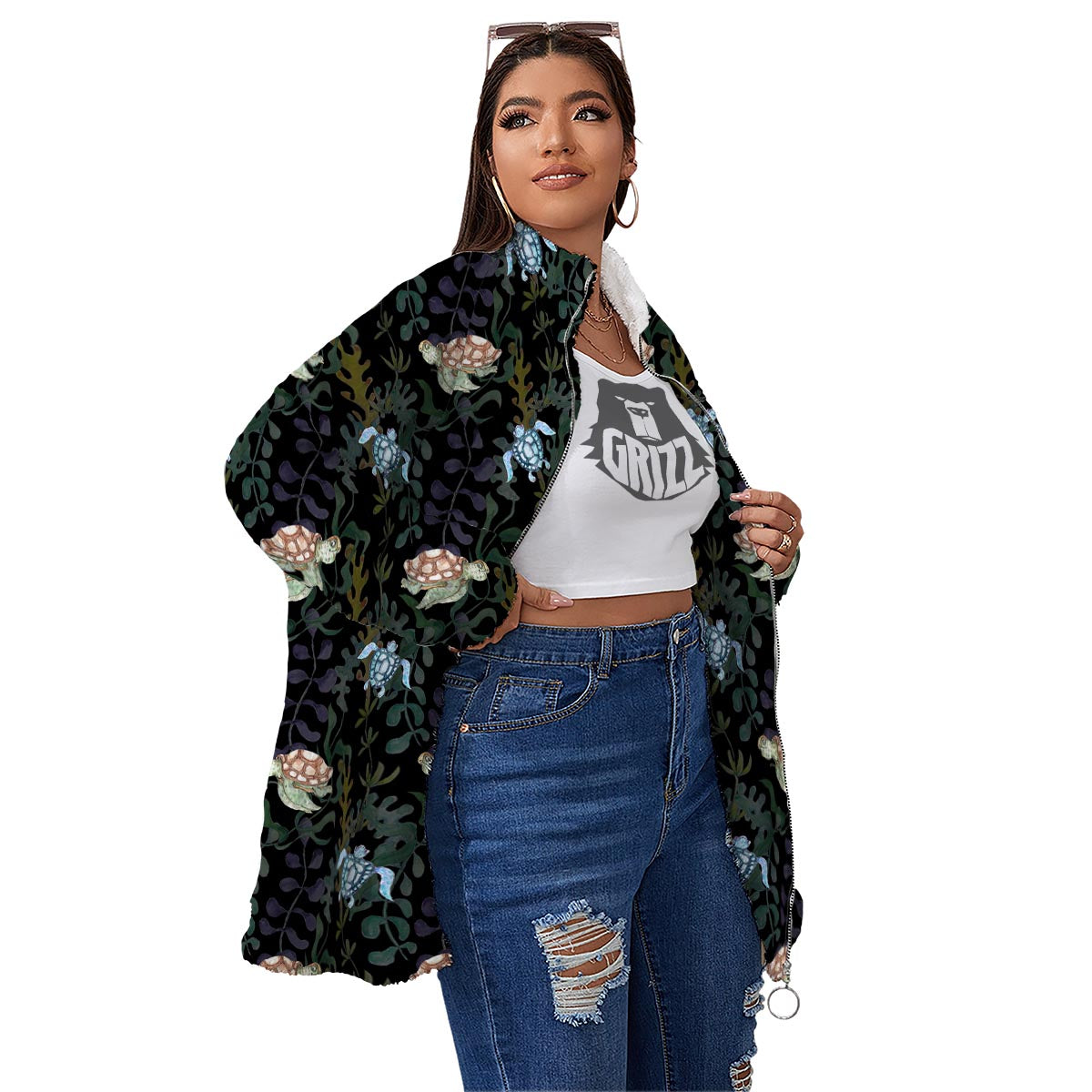 Painting Sea Turtle Print Pattern Women's Sherpa Jacket-grizzshop