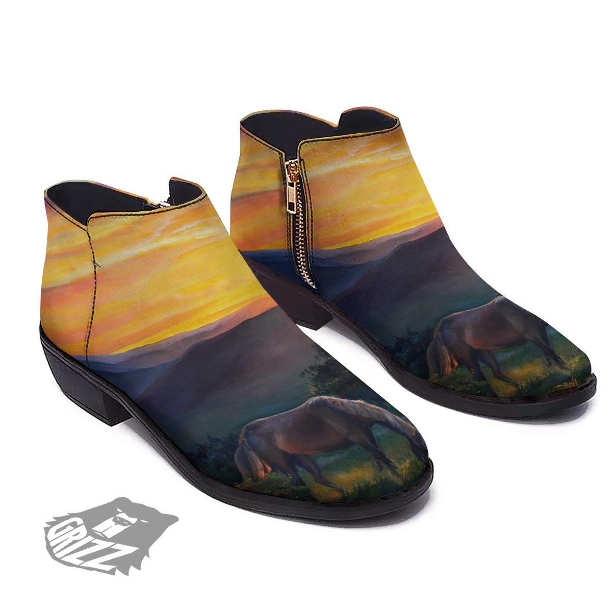Painting Sunset Horse Print Ankle Boots-grizzshop