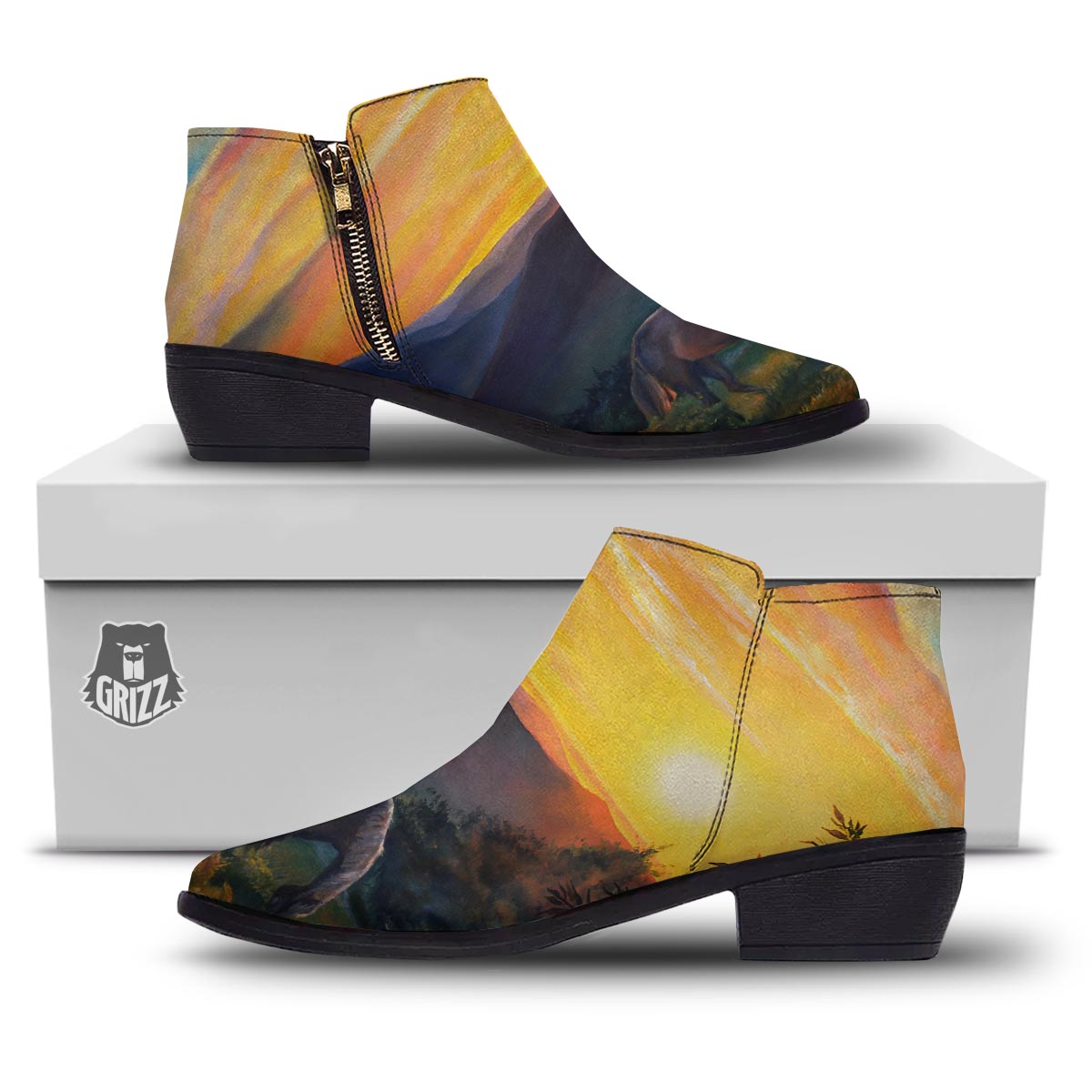 Painting Sunset Horse Print Ankle Boots-grizzshop