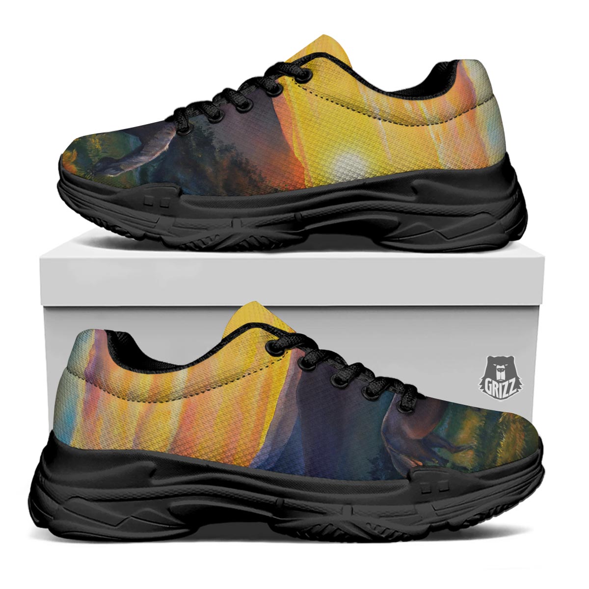 Painting Sunset Horse Print Black Chunky Shoes-grizzshop