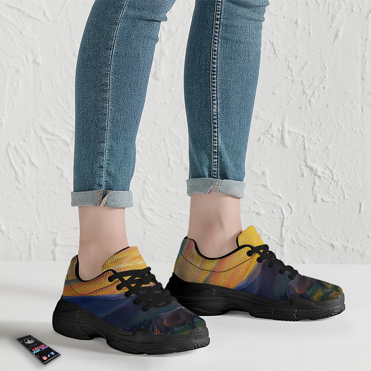 Painting Sunset Horse Print Black Chunky Shoes-grizzshop