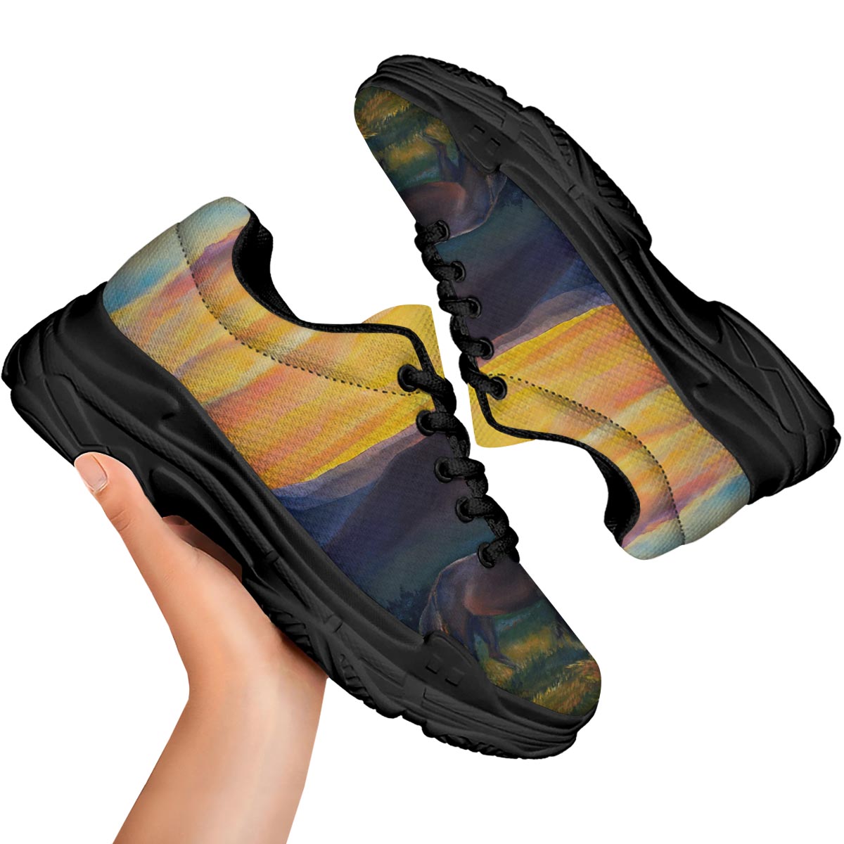 Painting Sunset Horse Print Black Chunky Shoes-grizzshop