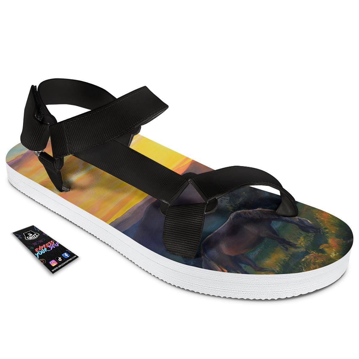 Painting Sunset Horse Print Black Open Toe Sandals-grizzshop