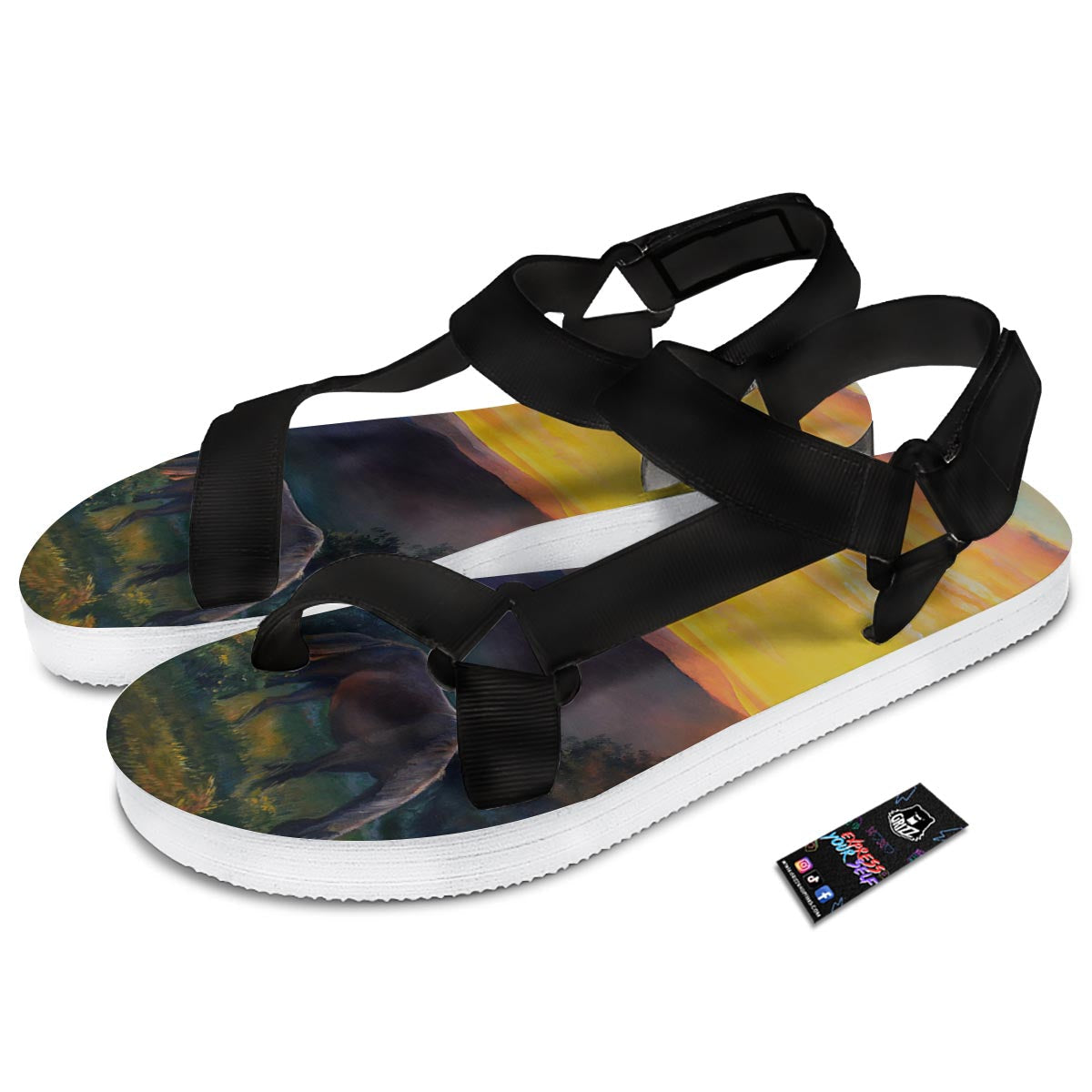 Painting Sunset Horse Print Black Open Toe Sandals-grizzshop