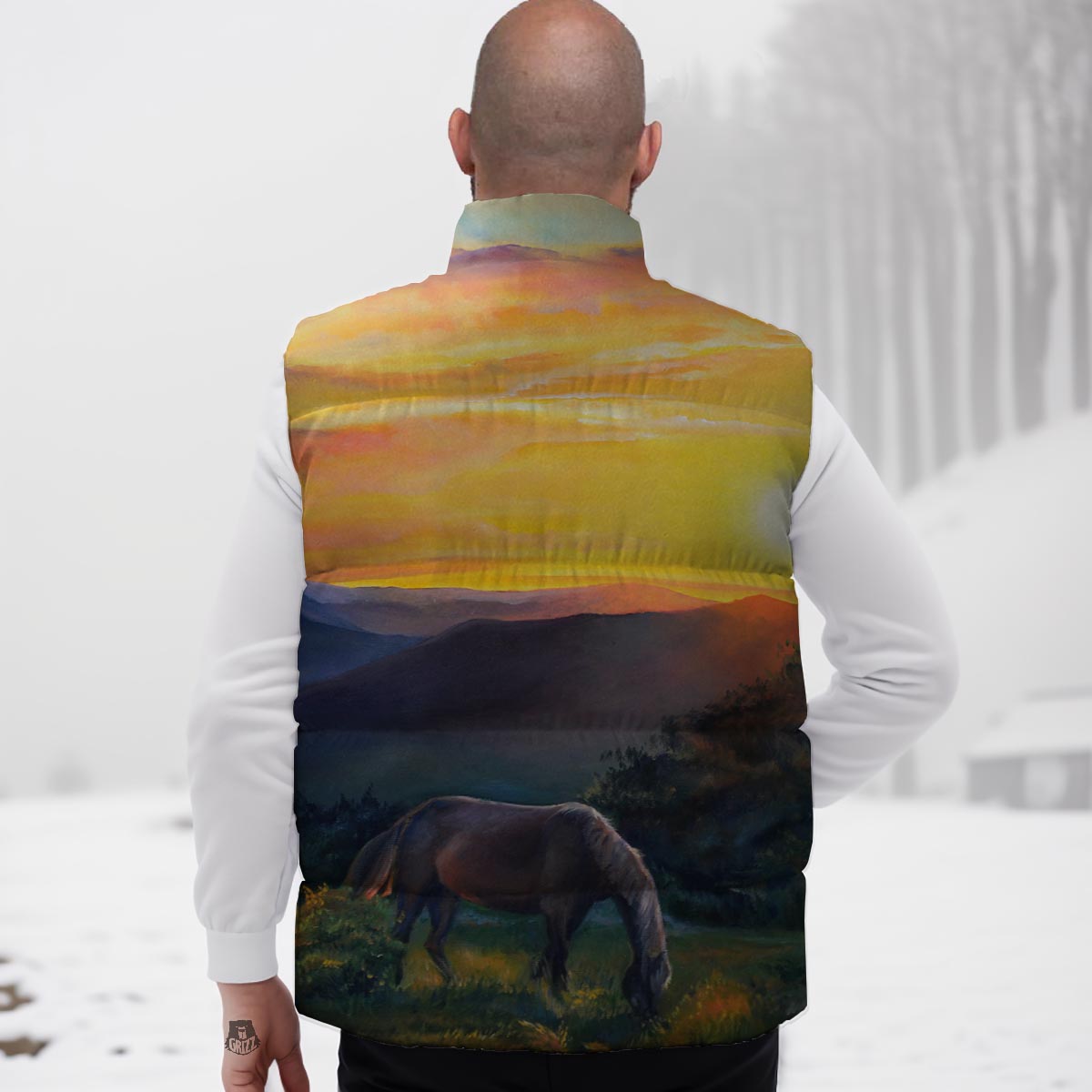 Painting Sunset Horse Print Down Vest