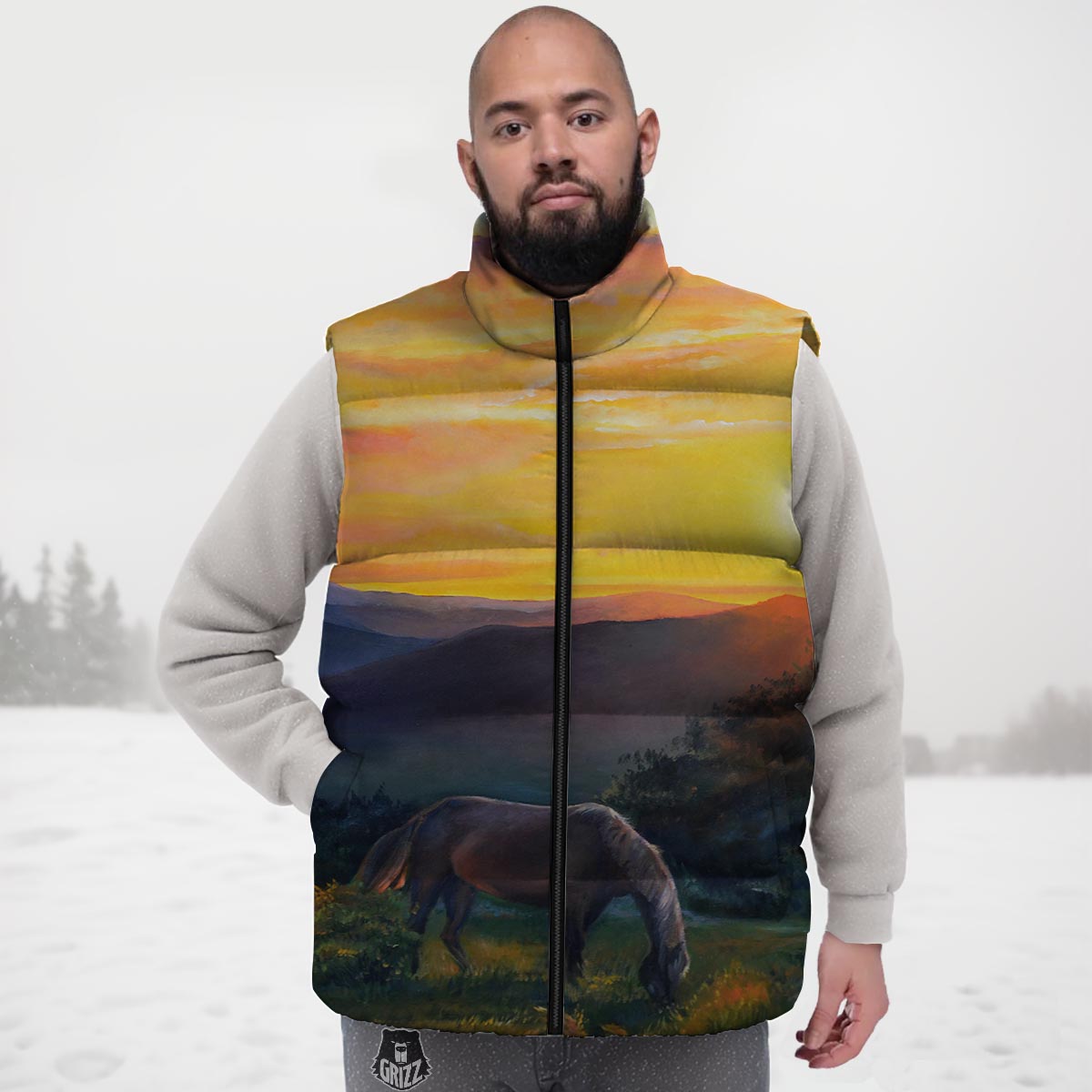 Painting Sunset Horse Print Down Vest