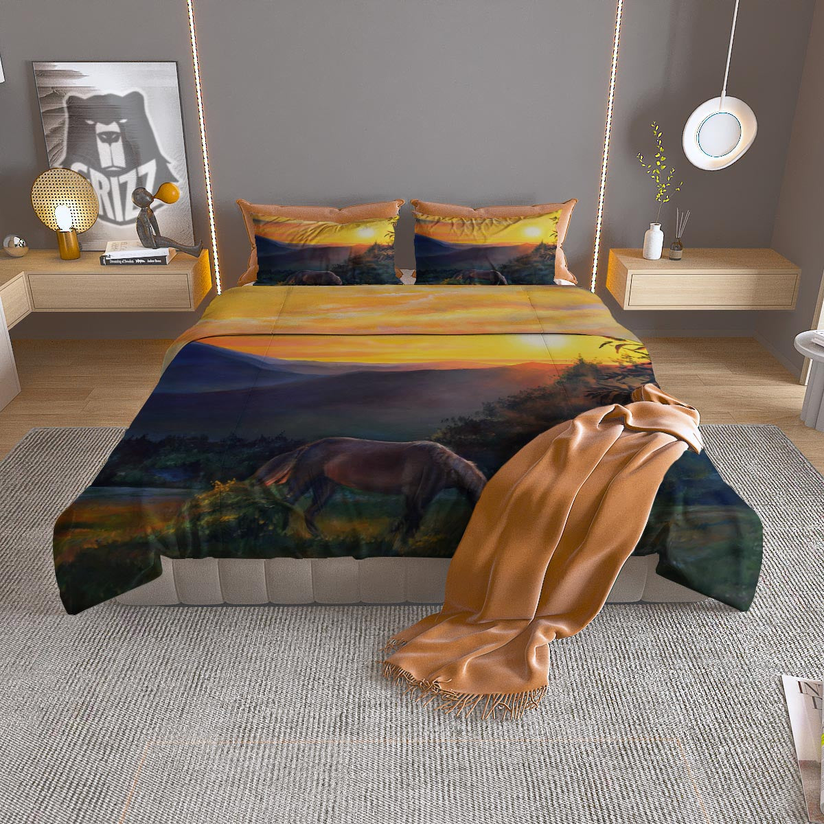 Painting Sunset Horse Print Duvet Cover Bedding Set