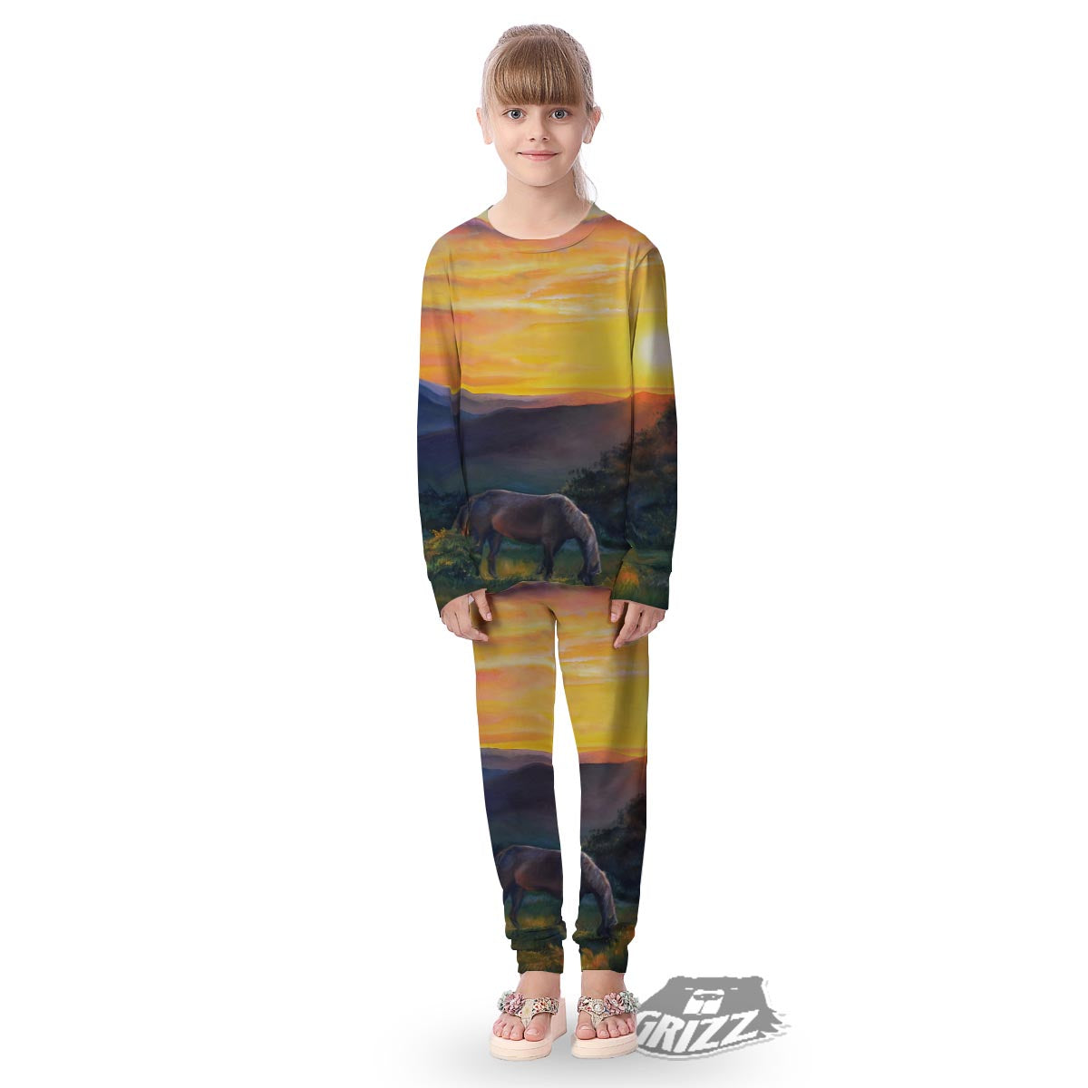 Painting Sunset Horse Print Kid's Pajamas-grizzshop