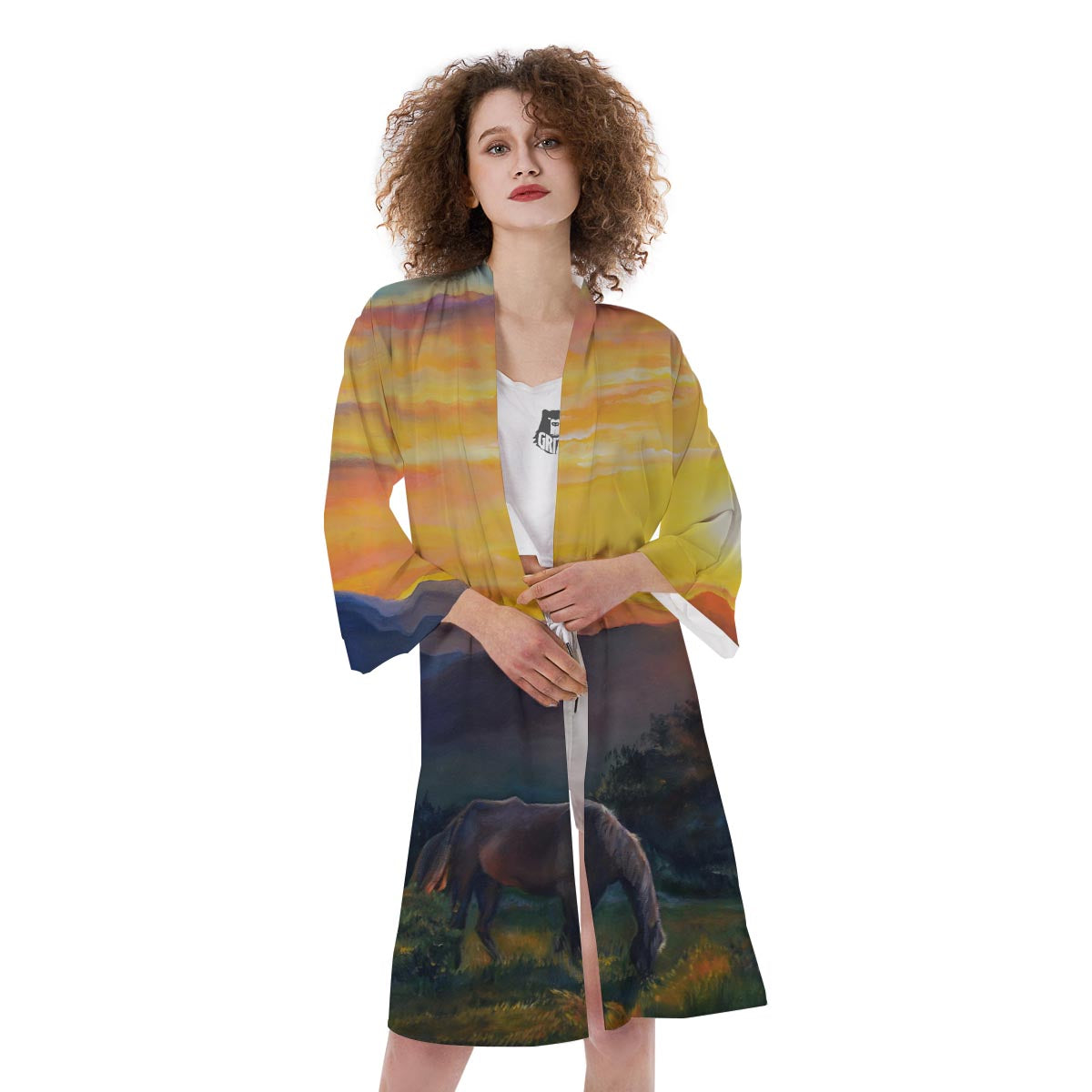 Painting Sunset Horse Print Kimono-grizzshop