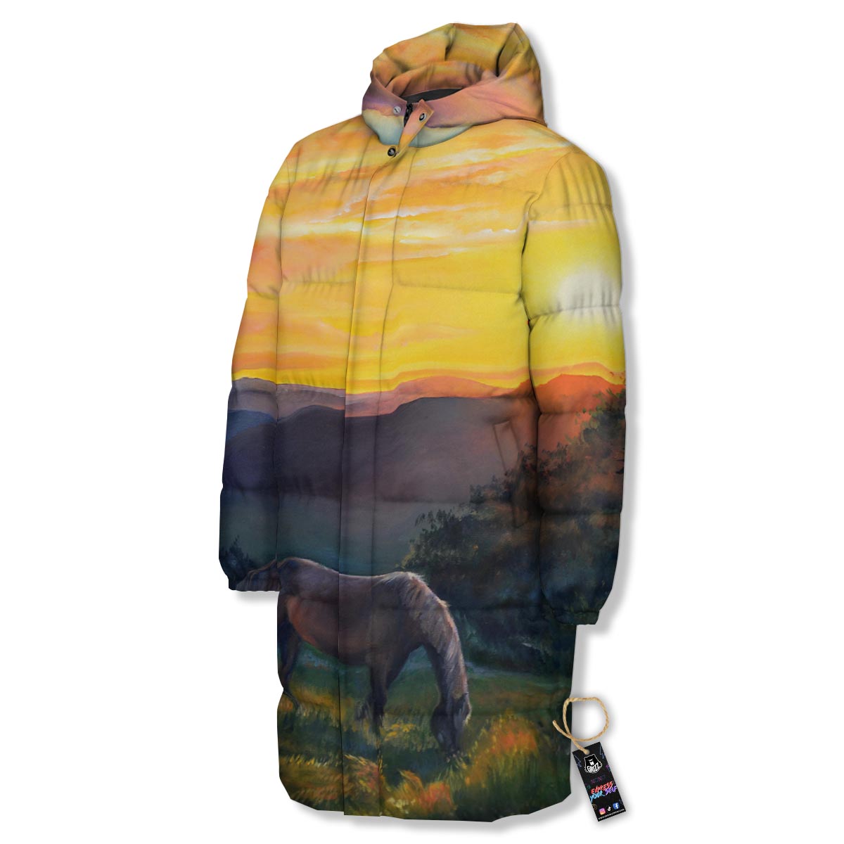 Painting Sunset Horse Print Long Down Jacket-grizzshop