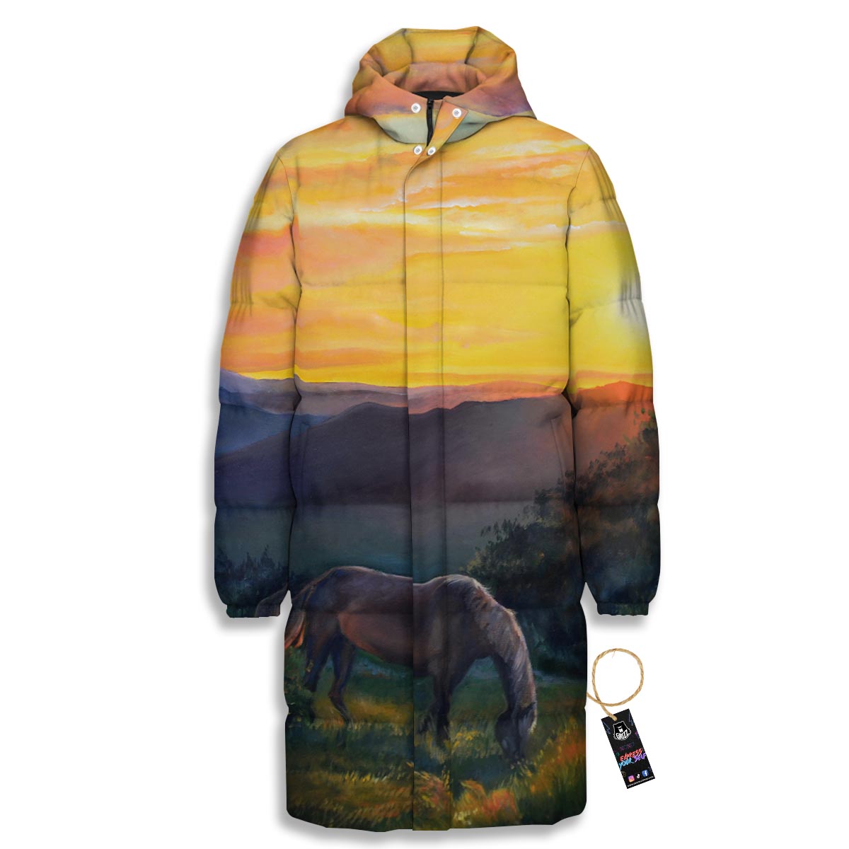 Painting Sunset Horse Print Long Down Jacket-grizzshop