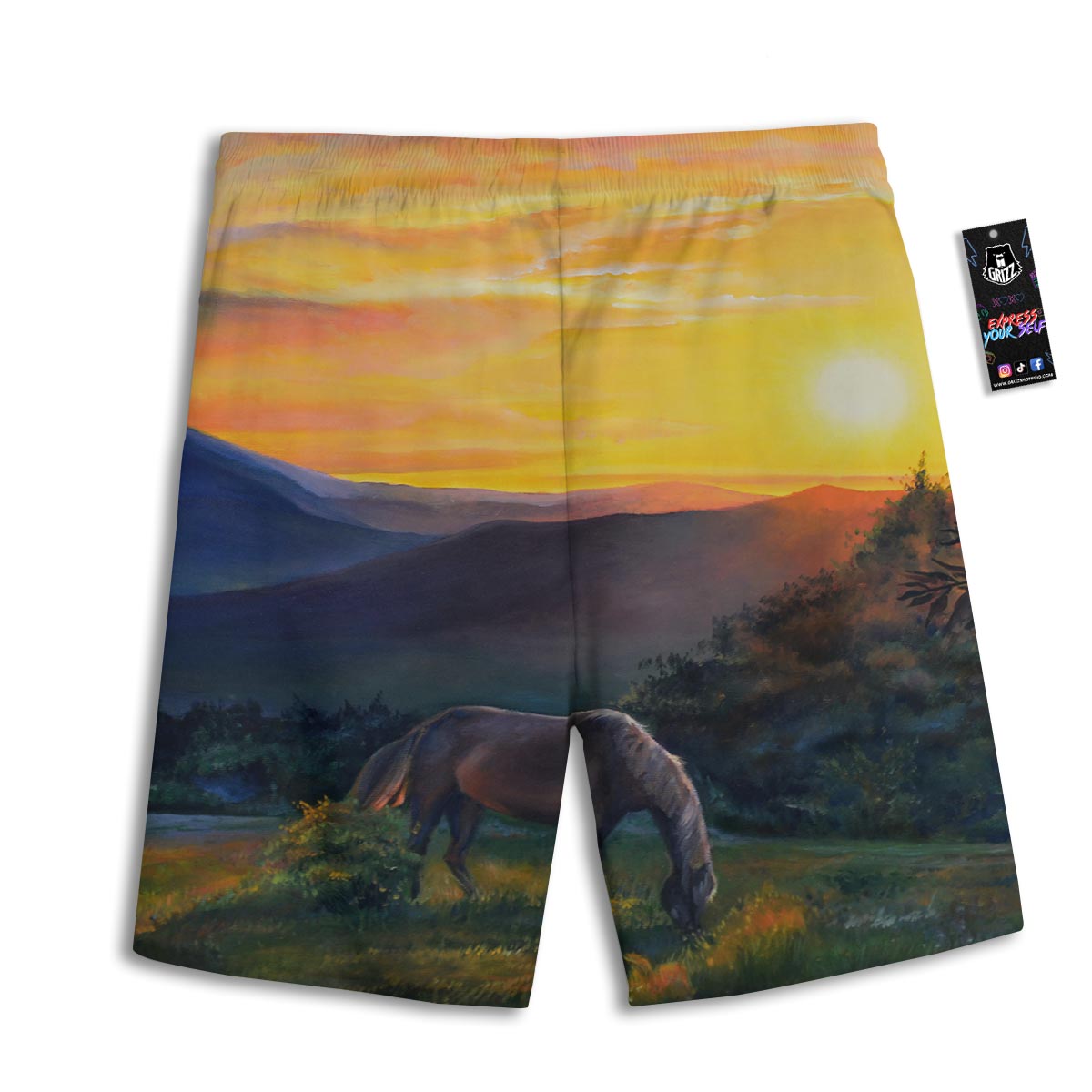 Painting Sunset Horse Print Men's Athletic Shorts