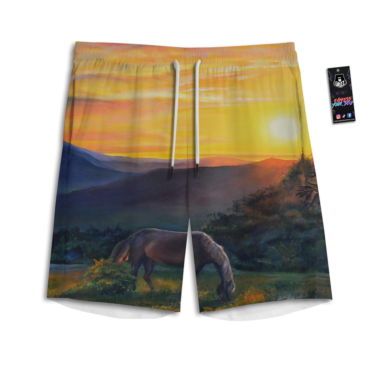 Painting Sunset Horse Print Men's Athletic Shorts