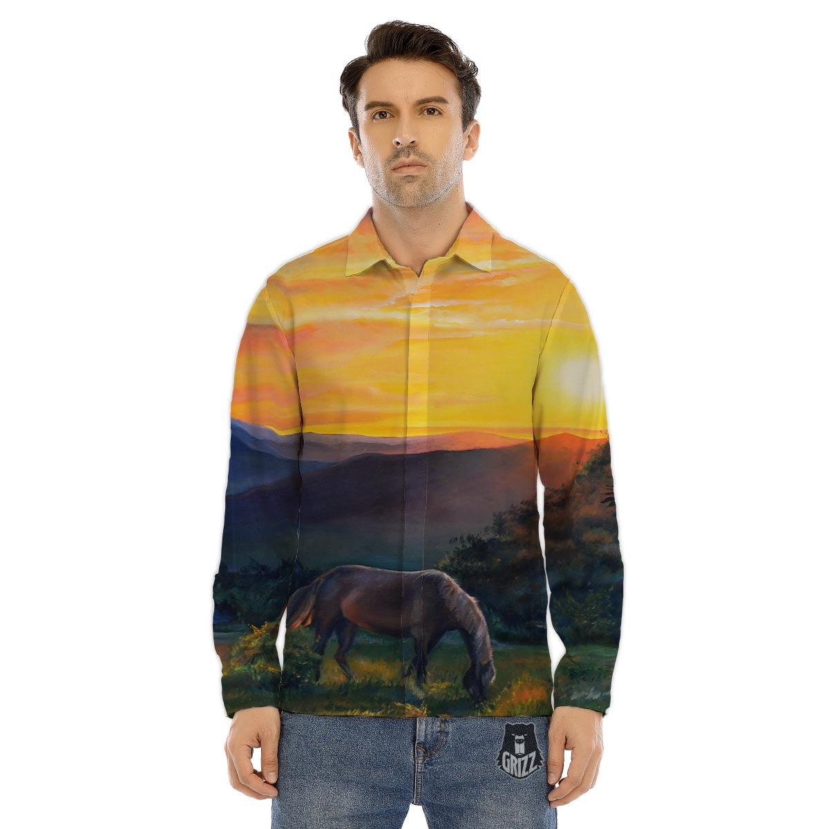 Painting Sunset Horse Print Men's Dress Shirts-grizzshop
