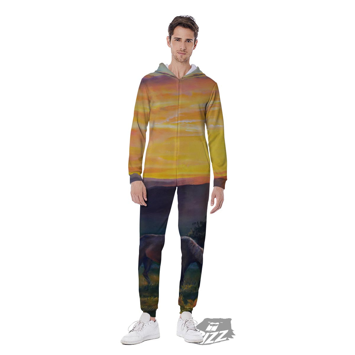 Painting Sunset Horse Print Men's Jumpsuit-grizzshop