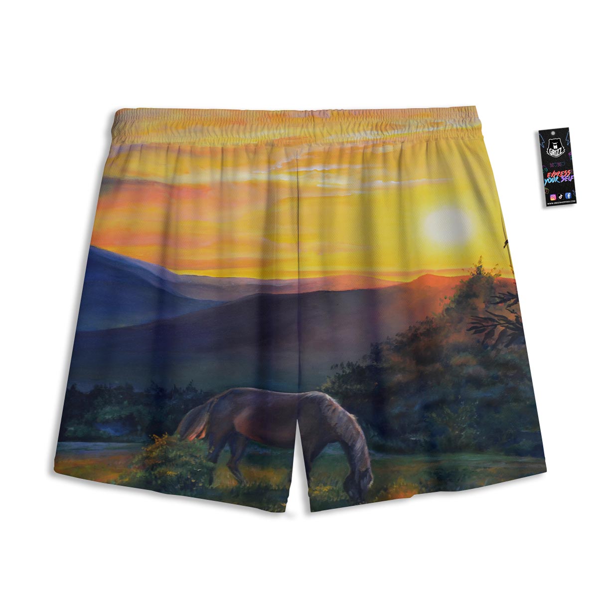 Painting Sunset Horse Print Mesh Shorts